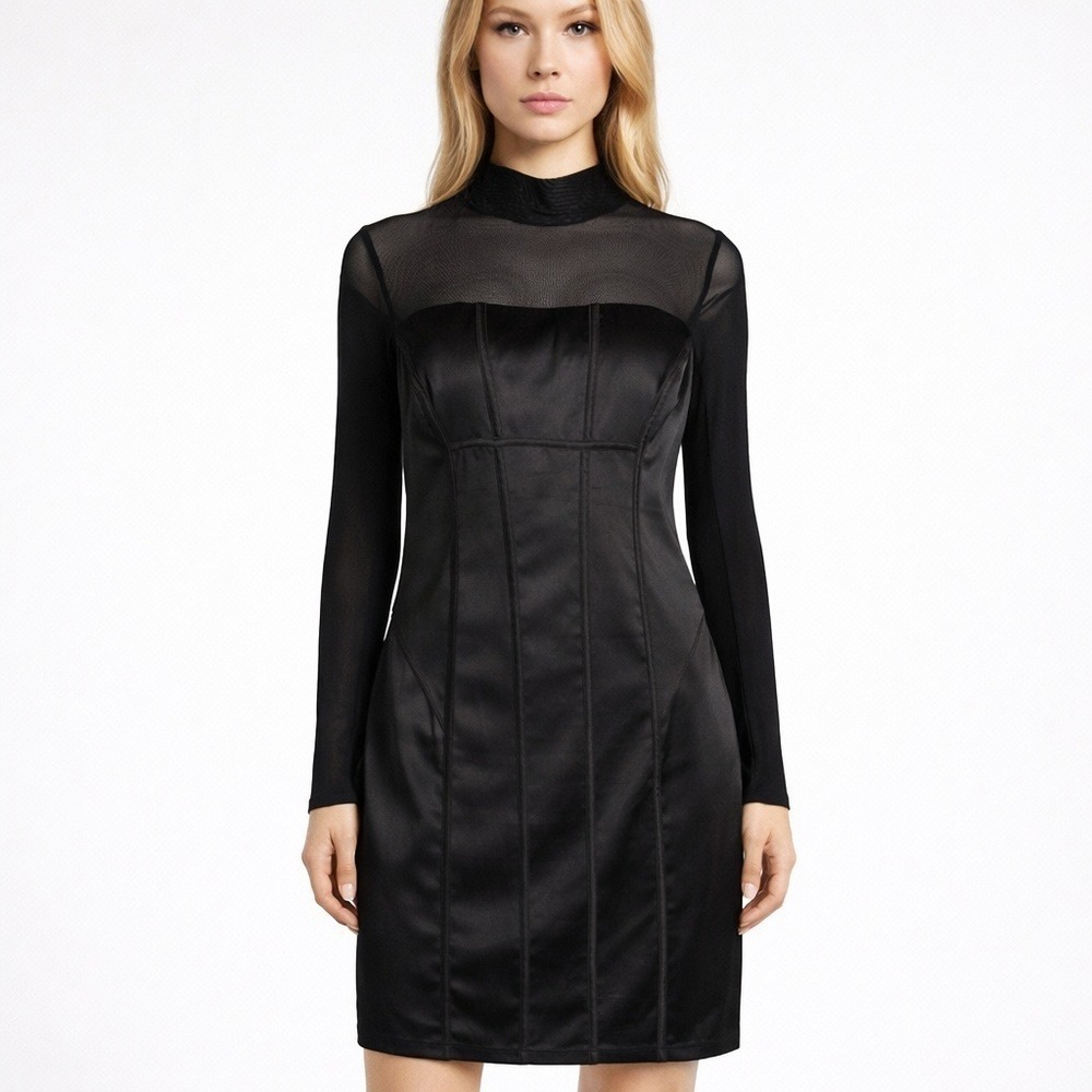 Guess Black Satin Mesh Mock Neck‎ Corset Mini Dress Size Medium Edgy Goth Y2K